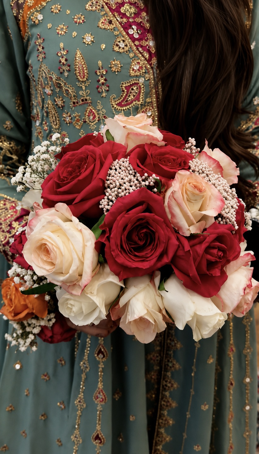 Bride in a sage green embroidered outfit holding a bouquet of deep red, blush and ivory roses