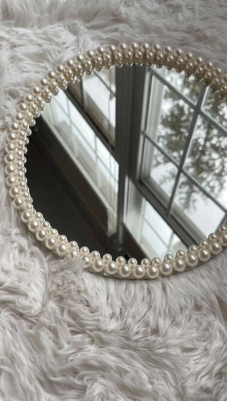 Round bridal mirror edged with layered ivory pearls resting on a soft white textured throw